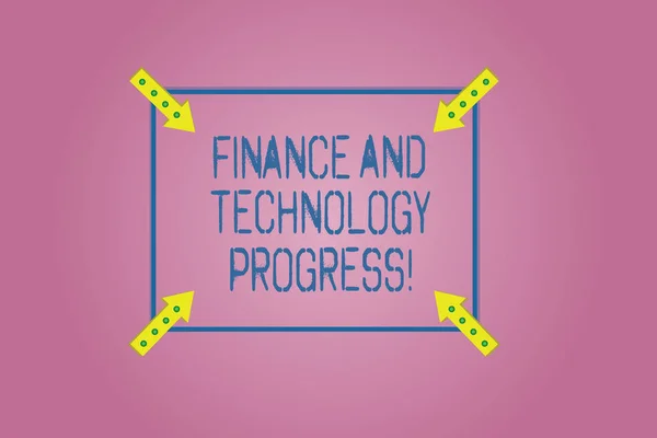 Word writing text Finance And Technology Progress. Business concept for Financial analysisagement business strategies Square Outline with Corner Arrows Pointing Inwards on Color Background.