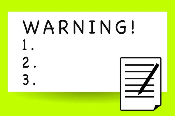 Handwriting text writing Warning. Concept meaning statement or event that warns of something or serves as example Sheet of Pad Paper with Lines and Margin Ballpoint Pen on top Flip corner. — Stock Photo, Image