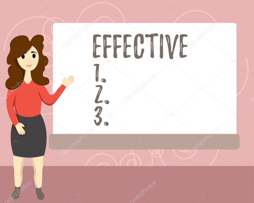 Conceptual hand writing showing Effective. Business photo text successful in producing desired or intended result productive Female Hu analysis Presenting Rectangular Blank Whiteboard.