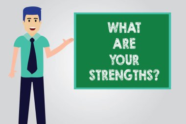 El yazısı metin ne senin Strengthsquestion yazıyoruz. Söyle bize senin en iyi nitelikleri beceri adam kravat ayakta konuşurken sunan renk Meydanı Pano fotoğraf ile anlam kavramı.