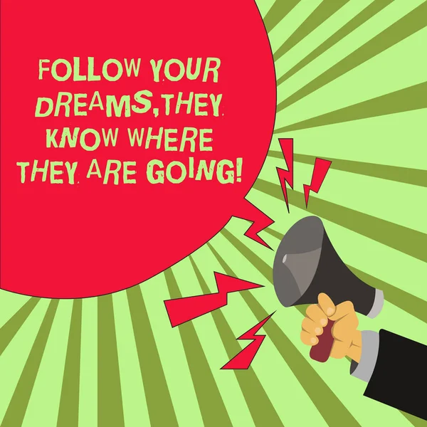 Conceptual hand writing showing Follow Your Dreams They Know Where They Are Going. Business photo text Accomplish goals Male Hu analysis Hand Holding Megaphone Blank Speech Bubble. — Stock Photo, Image