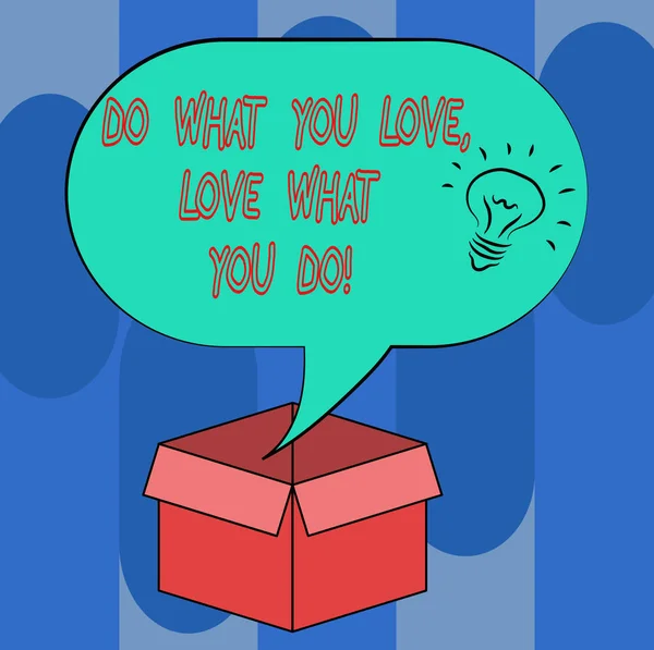Handgeschreven tekst wat je liefde liefde wat doe je. Begrip betekenis maken dingen met positieve houding idee pictogram binnen leeg Halftone toespraak Bubble Over een Open kartonnen doos. — Stockfoto