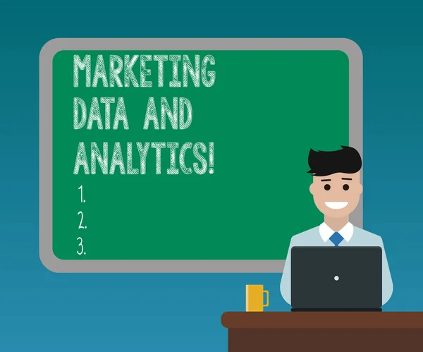 Handwriting text writing Marketing Data And Analytics. Concept meaning Advertising promotion statistical analysis Blank Bordered Board behind Man Sitting Smiling with Laptop Mug on Desk.