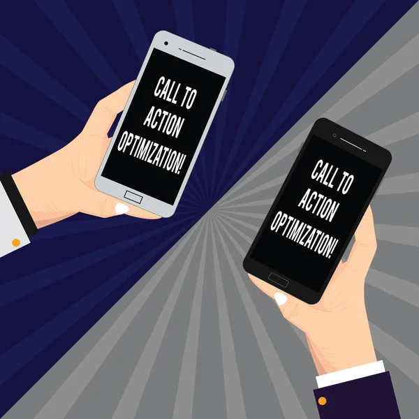 Word scrittura di testo Call To Action Ottimizzazione. Business concept per il marketing online del sito web analisi pubblicitaria Due mani di analisi Hu ogni Holding Smartphone bianco cellulare su Sunburst foto . — Foto Stock