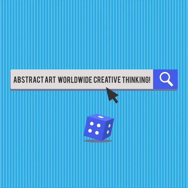 Writing note showing Abstract Art Worldwide Creative Thinking. Business photo showcasing Modern inspiration artistically 3D Dice with shadow and Arrow Pointing on halftone Button. — Stock Photo, Image