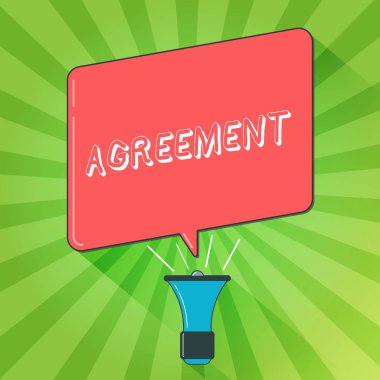 Anlaşma yazma el yazısı metin. Uyum veya uygun görüş olarak anlam veya üzerinde anlaşmaya varılan olumlu megafon yapmak ses daha yüksek sesle el amplifikatör ve boş konuşma balonu duygu kavramı.