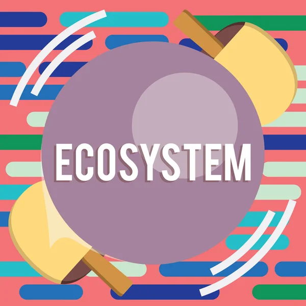 Tekst teken tonen ecosysteem. Conceptuele foto biologische Gemeenschap van interagerende organismen en milieu Table Tennis Racket Hit de close-up pingpong bal verplaatsen spinnen bekijken. — Stockfoto