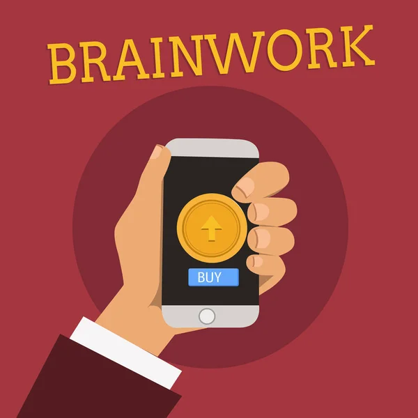 Texte manuscrit Brainwork. Concept signifiant décrit comme une activité mentale et non physique une pensée Homme Hu analyse main tenant Touchpad Smartphone avec bouton rond à l'écran . — Photo