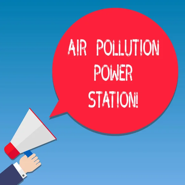 Σύνταξη σημείωσης δείχνει αέρα της ρύπανσης σταθμών. Επαγγελματίες φωτογραφία προβάλλοντας βιομηχανικού κινδύνου αιθαλομίχλης περιβαλλοντικού κινδύνου Hu ανάλυση χέρι μεγάφωνο κρατά χρώμα συννεφάκι ομιλίας. — Φωτογραφία Αρχείου