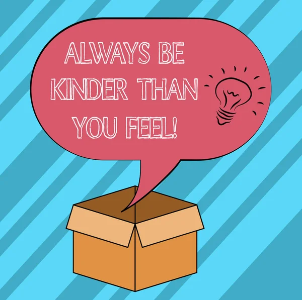 Text sign showing Always Be Kinder Than You Feel. Conceptual photo Try to stay more patient cheerful positive Idea icon Inside Blank Halftone Speech Bubble Over an Open Carton Box. — Stock Photo, Image