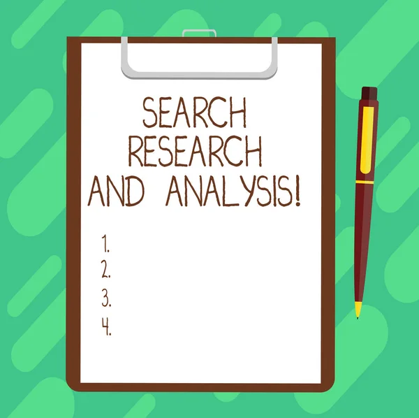 概念的な手書き検索調査・分析を示します。ビジネス写真テキスト調査データ情報分析シート クリップボード上のボンド紙のボールペン テキスト スペース. — ストック写真