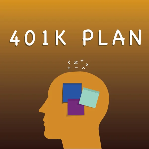 显示401k 计划的书写记录。商业照片展示合格的雇主赞助的退休计划, 员工制作粘滞笔记分析面部轮廓数学标志以上. — 图库照片