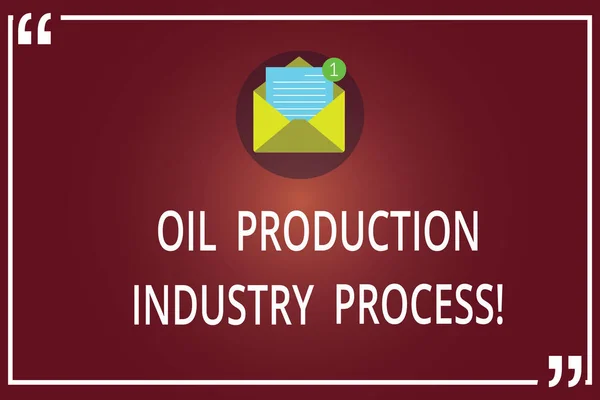 Word writing text Oil Production Industry Process. Business concept for Petroleum company industrial processing Open Envelope with Paper New Email Message inside Quotation Mark Outline.