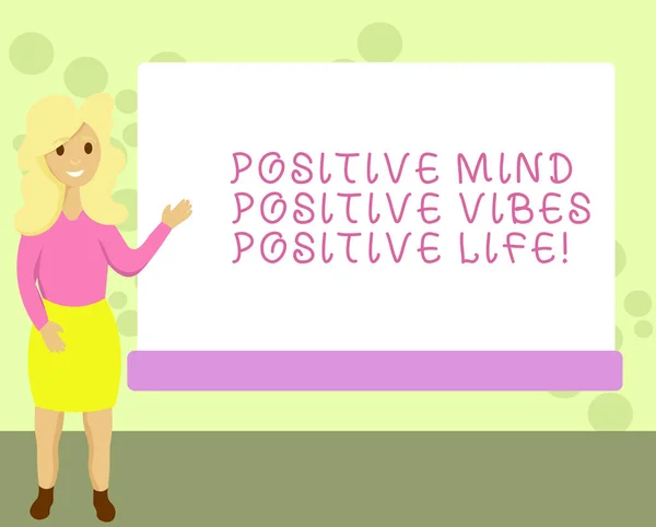 Conceptual hand writing showing Positive Mind Positive Vibes Positive Life. Business photo showcasing Motivation inspiration to live Female Hu analysis Presenting Rectangular Blank Whiteboard.