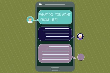 Ne yapmak sen istiyorum üzerinden Lifequestion gösterilen Not yazma. İş fotoğraf vitrine hızlı sohbet başkanları ve boş renk konuşma balonları ile cep Messenger ekranı almak istiyorum şeyler.
