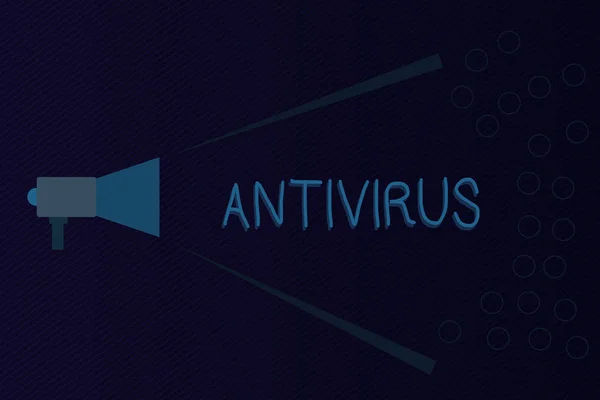 Signe texte montrant Antivirus. Logiciel de photo conceptuel conçu pour détecter et détruire les virus informatiques Megaphone Extension de l'intensité sonore et de la plage de volume pour l'annonce publique . — Photo