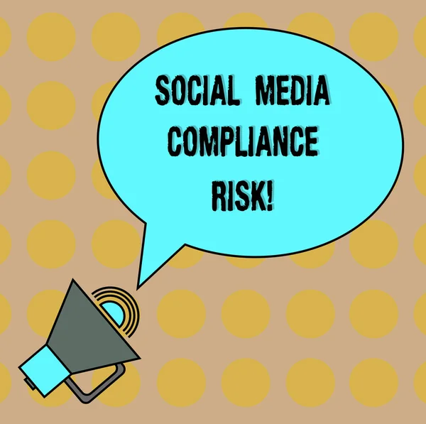 Conceptual hand writing showing Social Media Compliance Risk. Business photo text Risks analysisagement on the internet online sharing Oval Outlined Speech Bubble Text Balloon Megaphone Sound icon.