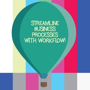 Word metin düzene iş süreçleri ile iş akışı yazma. Bilgisayar sosyal medya iş kavramı altında üç tonlu renk sıcak hava balonu ayakta bağlı sepet asma işlemek.