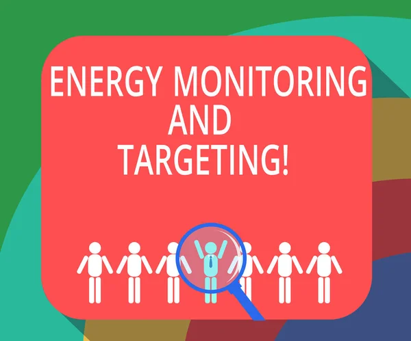 Conceptual hand writing showing Energy Monitoring And Targeting. Business photo showcasing Technology display monitor analysisagement Magnifying Glass Over Chosen Man Hu analysis Dummies Line Up.