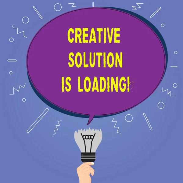 Conceptual hand writing showing Creative Solution Is Loading. Business photo showcasing Inspiration Original ideas in process Oval Speech Bubble Above a Broken Bulb with Failed Idea icon.