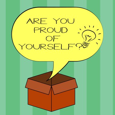 Are sen gurur, Yourselfquestion yazma el yazısı metin. Senin başarıları fikir simgesi içinde boş yarı ton konuşma balonu üzerinde bir açık karton kutu unutmayın anlam kavramı.