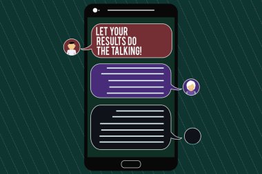Word metin izin Your sonuçları yapmak söz yazma. Daha az cep Messenger ekranı sohbet başkanları ve boş renk konuşma balonları ile yapılan eylem daha fazla şeyler konuşmak için iş kavramı.