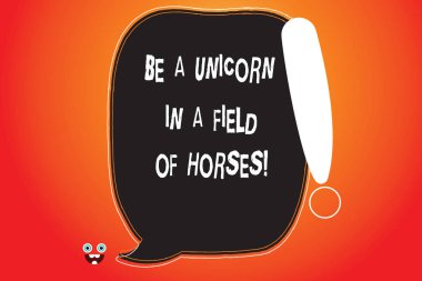 Olmak A tek boynuzlu at içinde A alan, atları yazma el yazısı metin. Özel boş renk konuşma balonu özetlenen ünlem canavar yüz simgesi ile olan fark anlam kavramı.