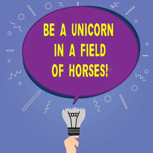 Conceptual hand writing showing Be A Unicorn In A Field Of Horses. Business photo showcasing Make the difference being special Oval Speech Bubble Above a Broken Bulb with Failed Idea icon.