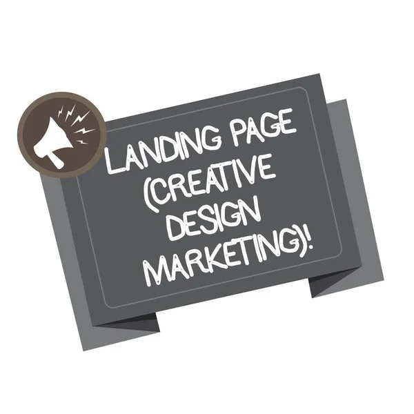 Текст написания слов Landing Page Creative Design Marketing. Бизнес-концепция для размещения рекламы в социальных сетях Megaphone Shouting Broadcasting in a circle и Tilting Blank Folded Strip . — стоковое фото