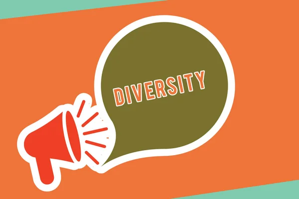 Text sign showing Diversity. Conceptual photo state of being diverse range different things miscellany mixture Megaphone with Loudness icon and Blank Speech Bubble in Sticker Style. — Stock Photo, Image
