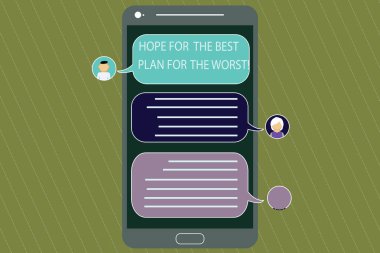 Umut için en iyi Plan için kötü gösterilen Not yazma. Plan iyi cep Messenger ekran sohbet başkanları ve boş renk konuşma balonları ile bekliyor kez kötü için vitrine iş fotoğraf.