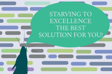 Açlıktan için mükemmellik en iyi çözüm sizin için gösterilen metin işareti. Kavramsal fotoğraf yapmak şeyler mükemmel dağılımı şeklinde kurt kafası işaret yukarıya doğru inleyen şiddetle konuşma balonu.