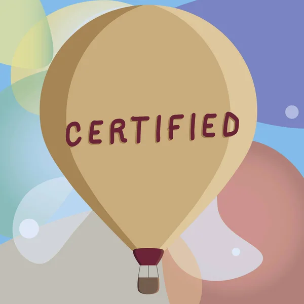 Kavramsal el sertifikalı gösterilen yazma. Resmen iş fotoğraf metni tanıma belirli nitelikleri veya standartları renk sıcak hava balonu ayakta sepet altında asma bağlı olarak. — Stok fotoğraf