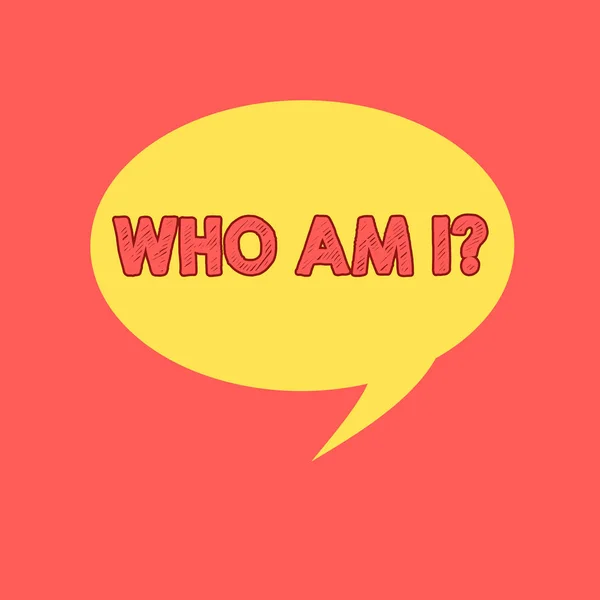Handwriting text writing Who Am I question. Concept meaning when being asked about your name status and nationality Speech Bubble Oval Shaped in Solid Color Circular Text Space with Tail.
