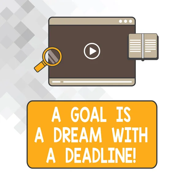 Escribir una nota que muestra un objetivo es un sueño con un plazo. Exhibición de fotos de negocios Establezca los tiempos a sus objetivos Motivación Tablet Reproductor de vídeo Cargar y lupa Espacio de texto . —  Fotos de Stock