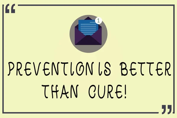Writing note showing Prevention Is Better Than Cure. Business photo showcasing Always be aware of your health conditions Open Envelope with Paper Email Message inside Quotation Mark. — Stock Photo, Image