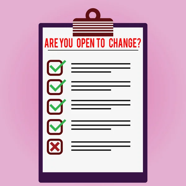 Text sign showing Are You Open To Changequestion. Conceptual photo Tell us if your mind is open to changes Lined Color Vertical Clipboard with Check Box photo Blank Copy Space. — Stock Photo, Image