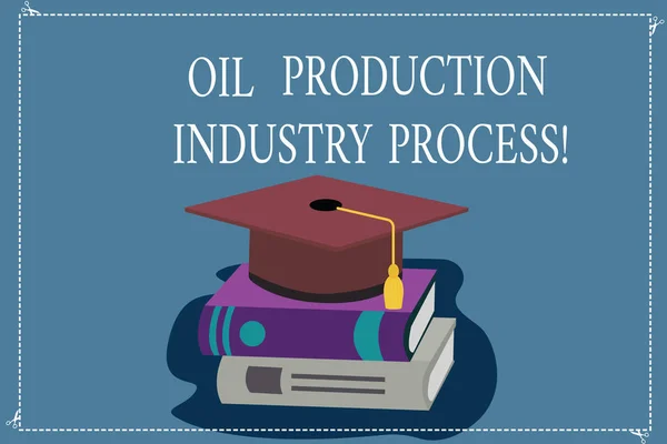 Word writing text Oil Production Industry Process. Business concept for Petroleum company industrial processing Color Graduation Hat with Tassel 3D Academic cap photo Resting on Books.