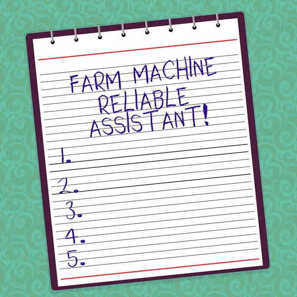 Writing note showing Farm Machine Reliable Assistant. Business photo showcasing Agriculture equipment Rural industry Lined Spiral Top Color Notepad photo on Watermark Printed Background.