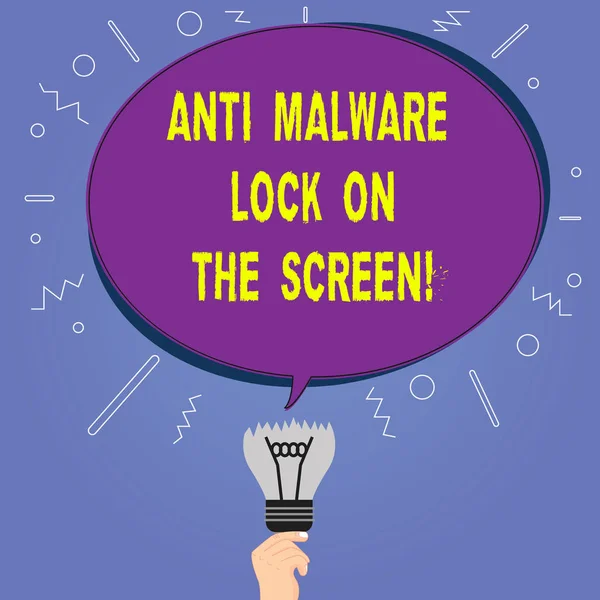 Conceptual hand writing showing Anti Malware Lock On The Screen. Business photo showcasing Security safety against malware hacking Oval Speech Bubble Above a Broken Bulb with Failed Idea icon.