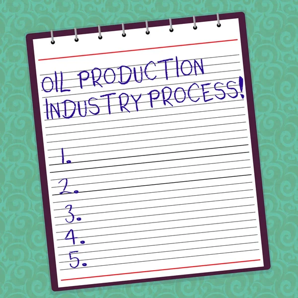 Writing note showing Oil Production Industry Process. Business photo showcasing Petroleum company industrial processing Lined Spiral Top Color Notepad photo on Watermark Printed Background.