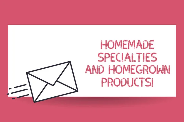 Handwriting text Homemade Specialties And Homegrown Products. Concept meaning Healthy fresh special dishes Fast Delivery icon on Sealed Envelope Express status Mail Send Urgent.