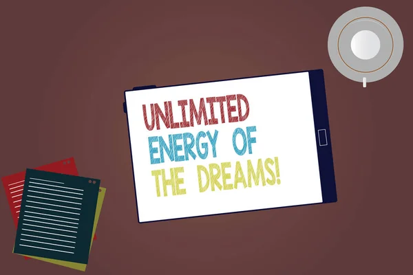 Word writing text Unlimited Energy Of The Dreams. Business concept for Optimistic be hopeful pursue your goals Tablet Empty Screen Cup Saucer and Filler Sheets on Blank Color Background.