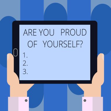 Are sen gurur, Yourselfquestion yazma el yazısı metin. Senin başarıları Hu analiz el Holding boş ekran Tablet Smartphone görüntü birimini fotoğrafı unutmayın anlam kavramı.