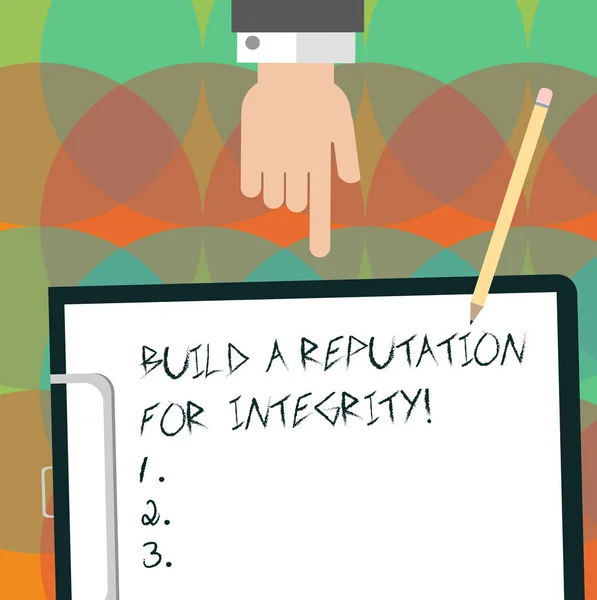 Conceptual hand writing showing Build A Reputation For Integrity. Business photo text Obtain good feedback based on ethics Hu analysis Hand Pointing Down to Clipboard with Paper and Pencil. — Stock Photo, Image