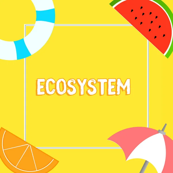 Word tekst intoetsen ecosysteem. Businessconcept voor biologische Gemeenschap van interagerende organismen en omgeving dingen die verband houden met zomer-strand objecten op vier hoeken met center ruimte. — Stockfoto