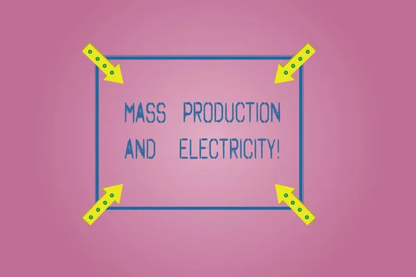 Word writing text Mass Production And Electricity. Business concept for Industrial electrical power supply Square Outline with Corner Arrows Pointing Inwards on Color Background.