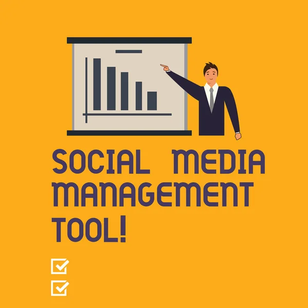 Writing note showing Social Media Management Tool. Business photo showcasing Application for analysisage your online networks Man in Business Suit Pointing a Board Bar Chart Copy Space.