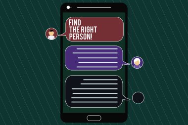 Word metin bulmak sağ gösteren yazma. İş kavramı göstermek için sohbet başkanları ve boş renk konuşma balonları ile sizin bakış açınızdan Mobile Messenger ekranı sunmak.