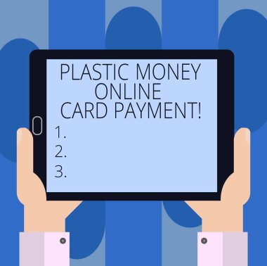 Plastik para Online kartı ödeme yazma el yazısı metin. Web sitesi e-ticaret Hu analiz el Holding boş ekran Tablet Smartphone görüntü birimini fotoğraf satın alma multimedya anlam kavramı.